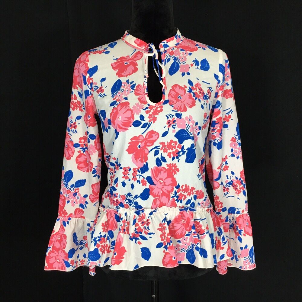 Corsage Top XS White Blue Pink Salmon High Neck Keyhole Bow Tie Bell Sl Tunic LN